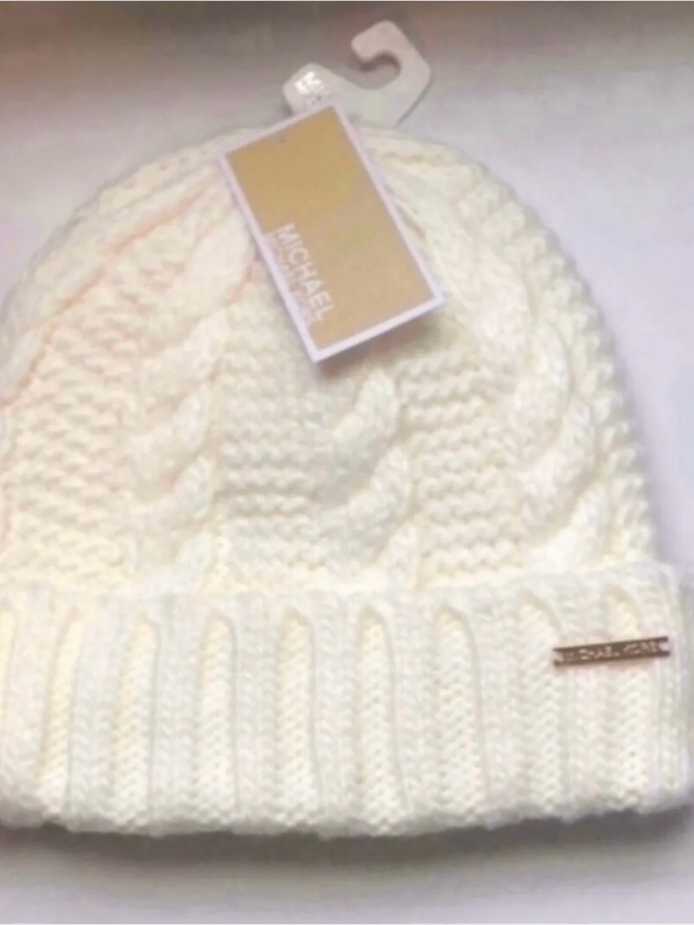 New Michael Kors Hat Women’s Ivory Winter Lined Cable Knit Cuffed Beanie Hat